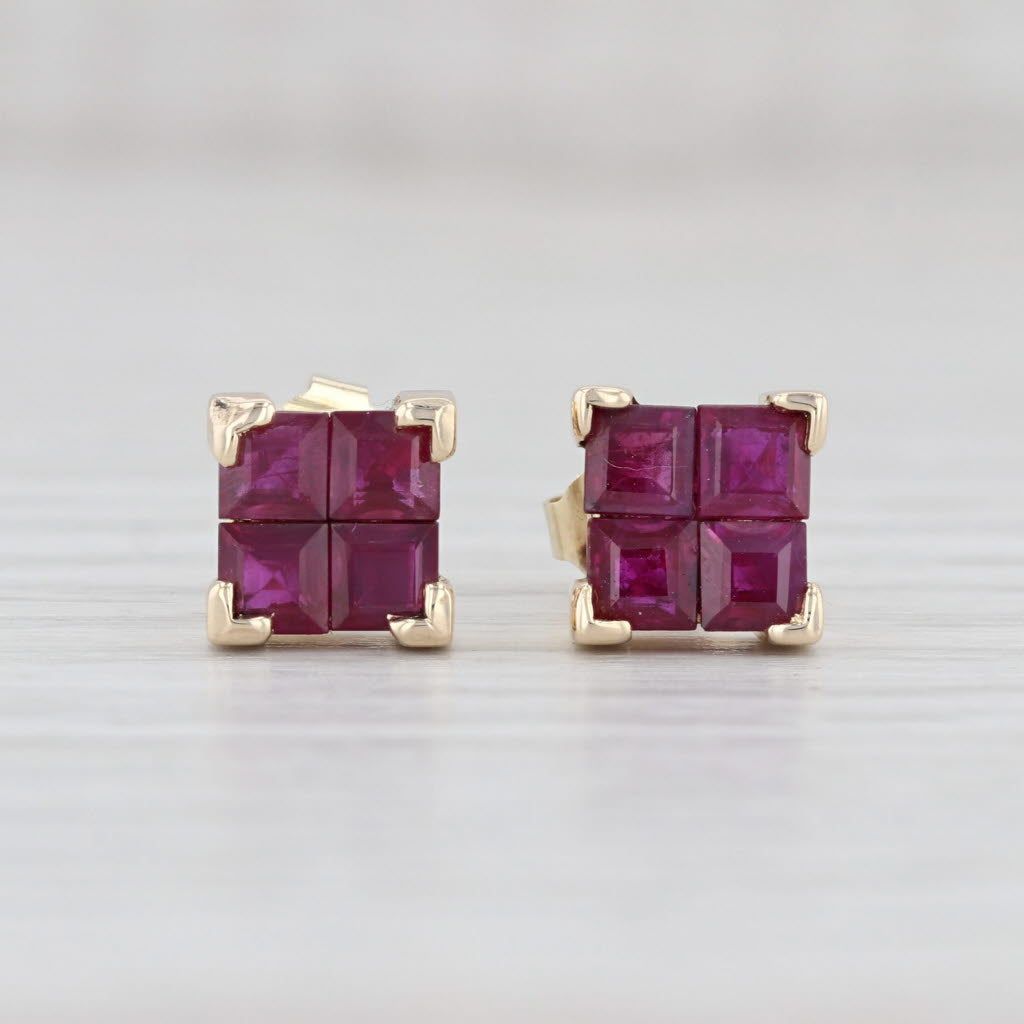 Light Gray 1.76ctw Ruby Square Princess Stud Earrings 14k Yellow Gold July Birthstone