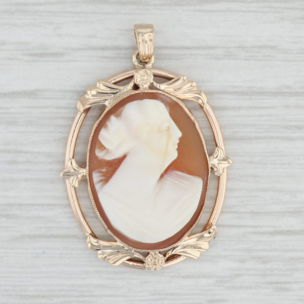 Light Gray Vintage Carved Shell Cameo Pendant 10k Yellow Gold Floral Frame