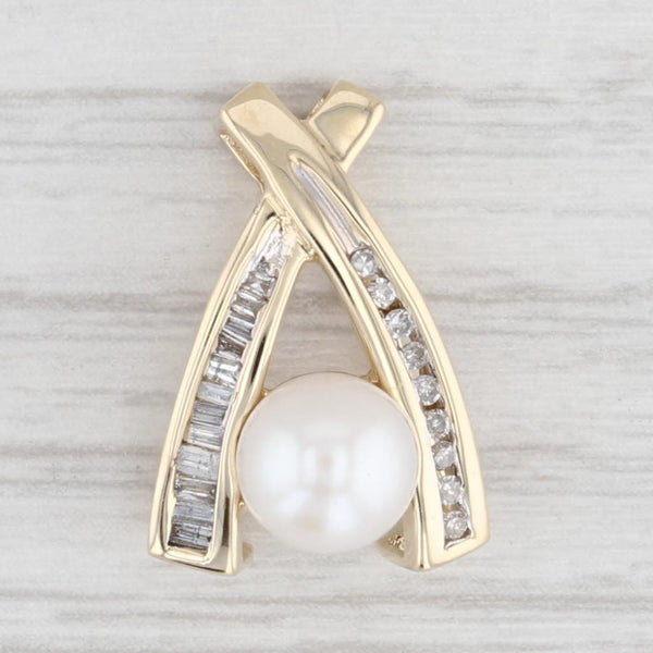 Light Gray Cultured Pearl Diamond Pendant 10k Yellow Gold Wishbone Drop