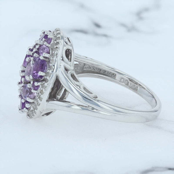 Lavender New Amethyst Cluster Diamond Halo Ring Sterling Silver Purple Cocktail Size 8