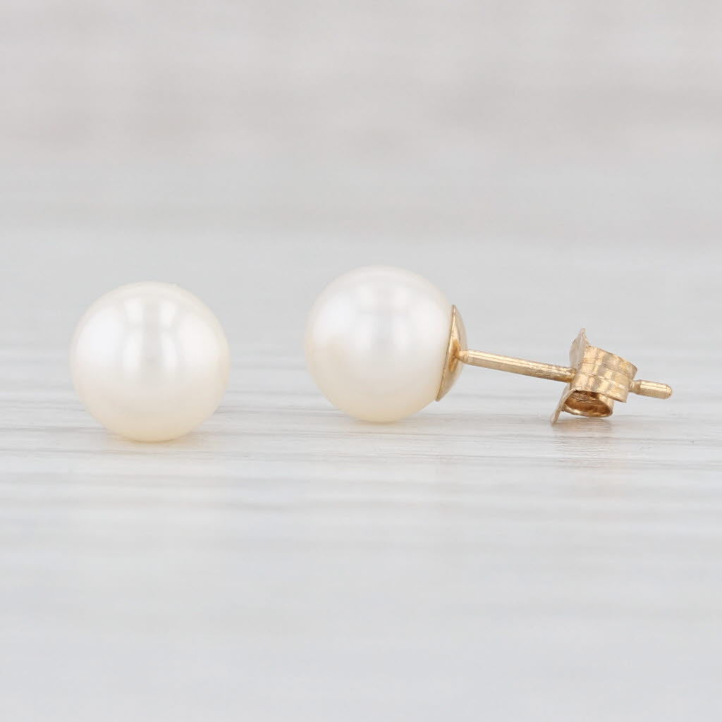 Light Gray Round White Cultured Pearl Stud Earrings 14k Yellow Gold June Birthstone