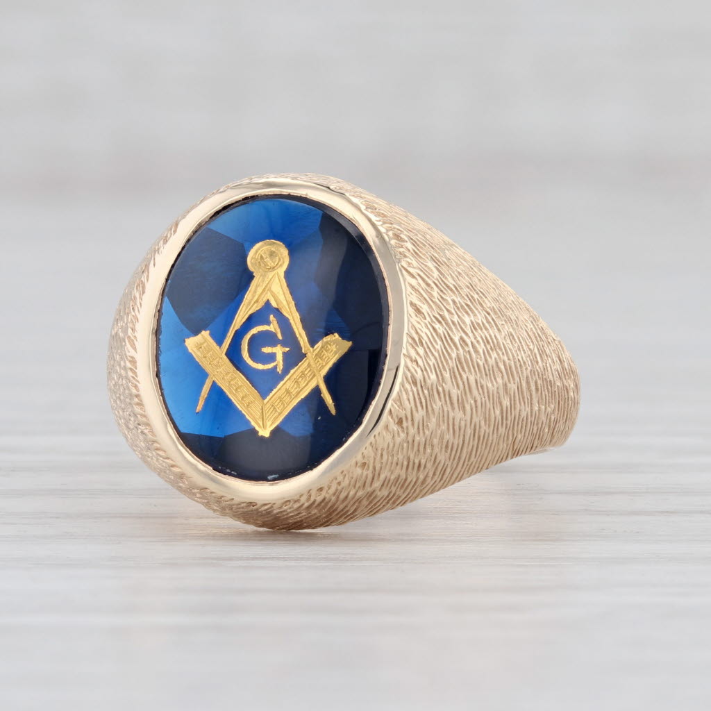 Light Gray Masonic Square Compass Signet Ring 10k Gold Synthetic Spinel Sz 9.75 Blue Lodge