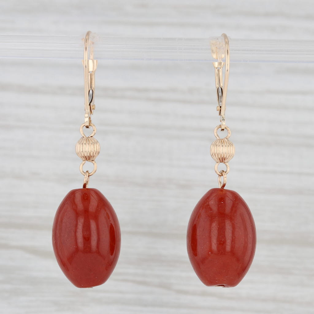 Light Gray Red Jadeite Jade Dangle Earrings 14k Yellow Gold Bead Drops