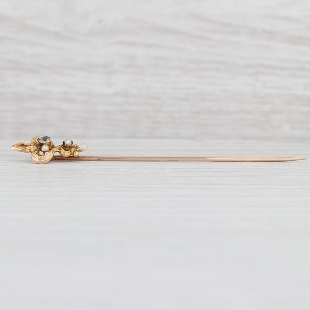 Light Gray Antique Sapphire Pearl Blue Sapphire Stickpin 10k Yellow Gold