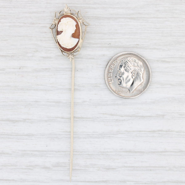 Lavender Antique Cameo Stickpin 10k White Gold Floral Filigree Carved Shell Pin