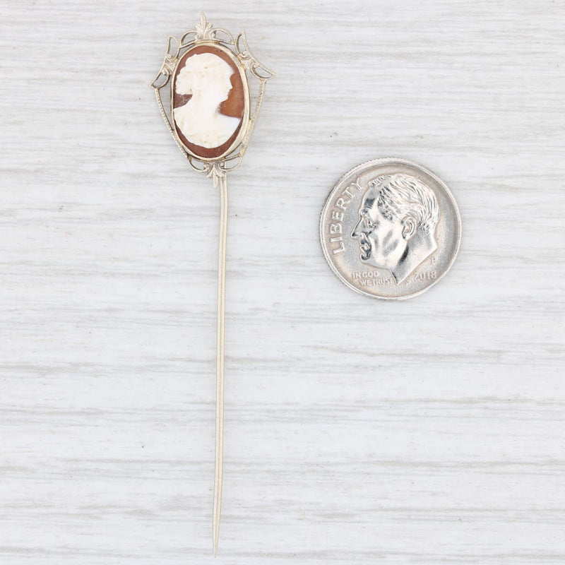 Antique Cameo Stickpin 10k White Gold Floral Filigree Carved Shell Pin