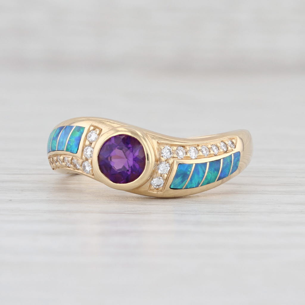 Light Gray New Kabana Ring Opal Inlay Diamond Amethyst Bypass 14k Yellow Gold Size 7