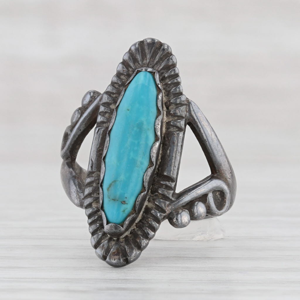 Light Gray Vintage Native American Turquoise Ring Sterling Silver Size 5 Bell Trading