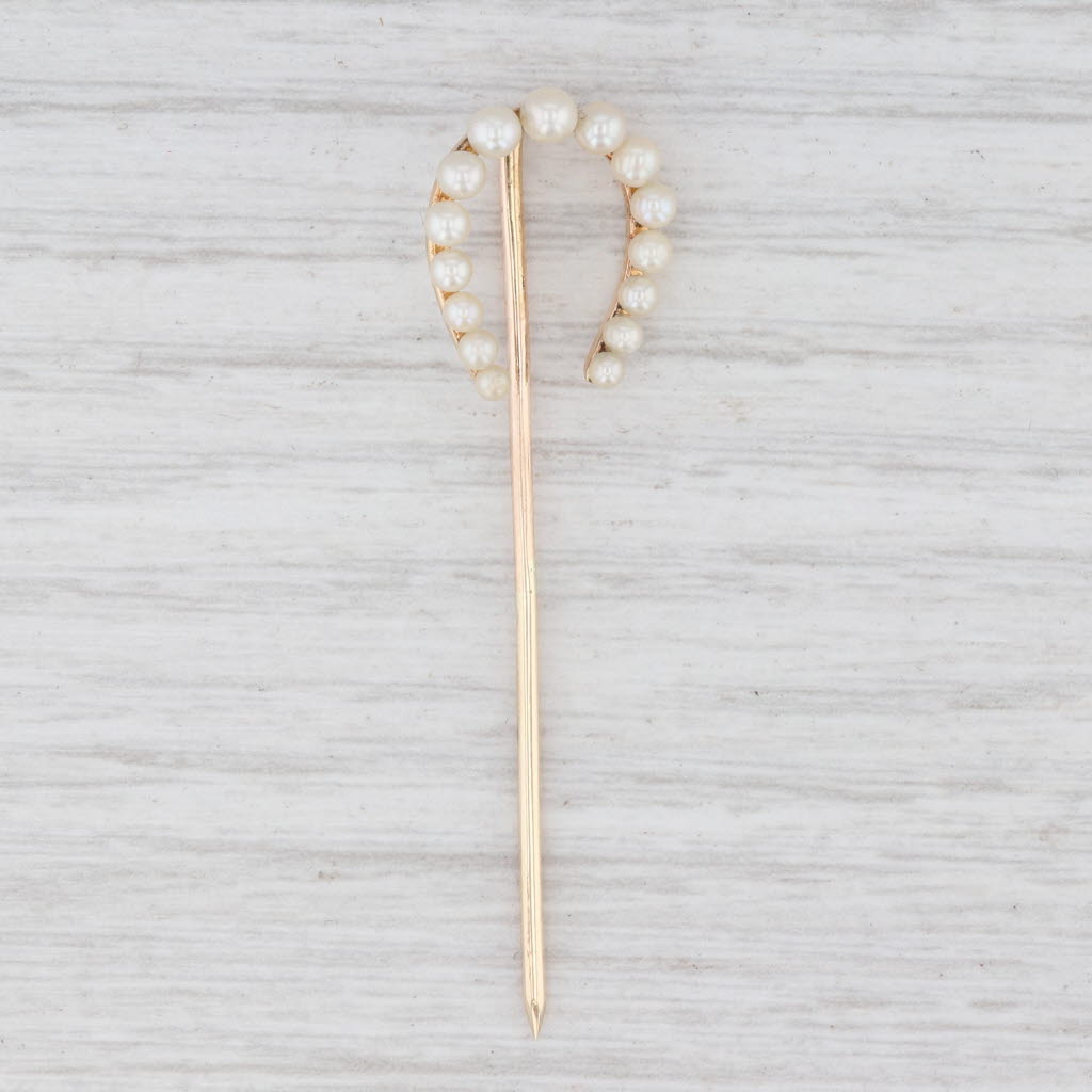 Light Gray Antique Pearl Horseshoe Stickpin 14k Yellow Gold Good Luck Western Equestrian