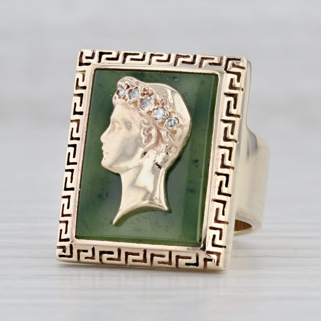 Light Gray Green Nephrite Jade Diamond Signet Ring 14k Yellow Gold Size 7 Figural Male Bust