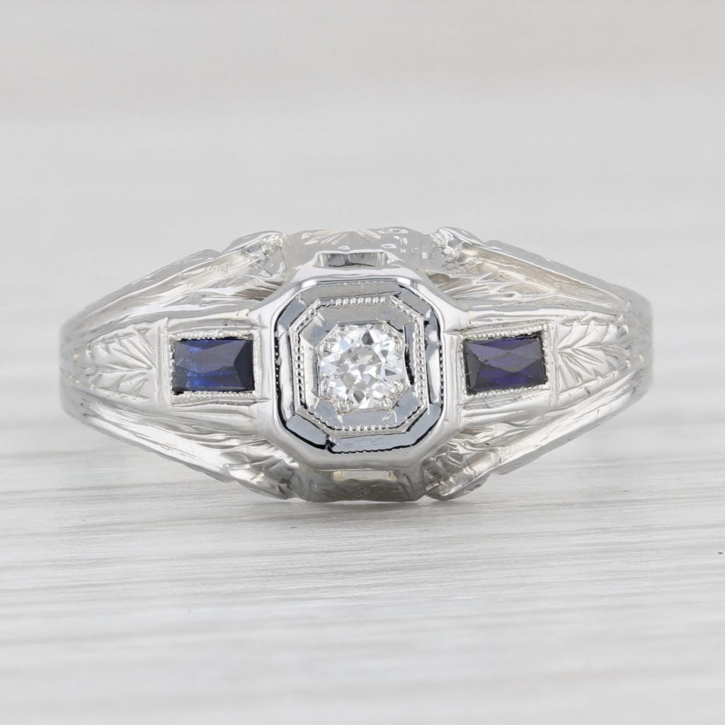 Light Gray Art Deco Diamond Lab Created Sapphire Ring 18k White Gold Engagement Size 9.25