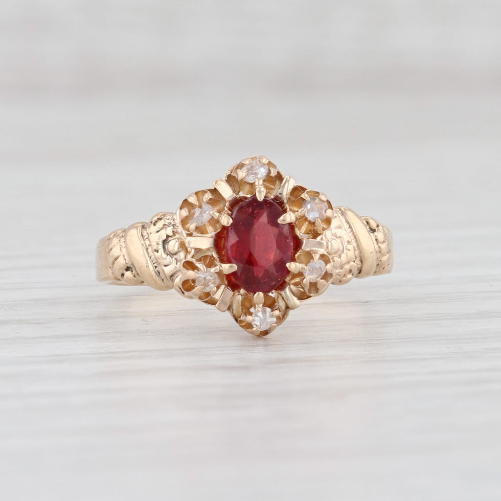 Light Gray Vintage Diamond Halo Garnet Ring 10k Yellow Gold Size 6 Engagement Floral Ornate