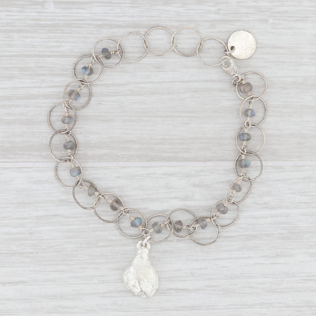 Light Gray New Nina Nguyen Druzy Geode Quartz Labradorite Bead Charm Bracelet 7.5" Sterling