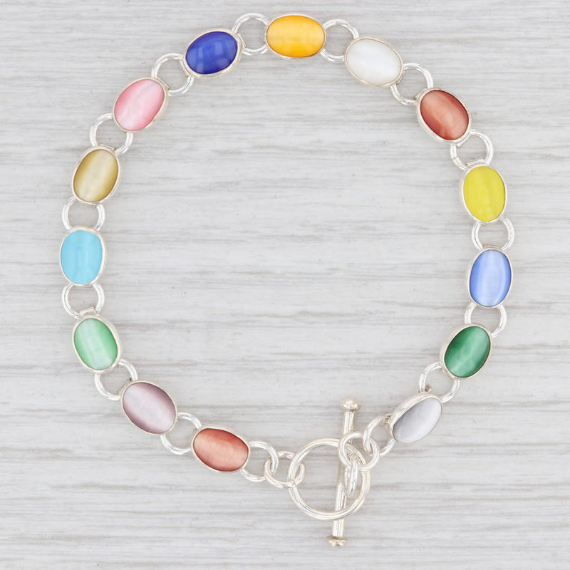 New Multi Color Glass Link Bracelet Sterling Silver 7.5” Chain Toggle Clasp