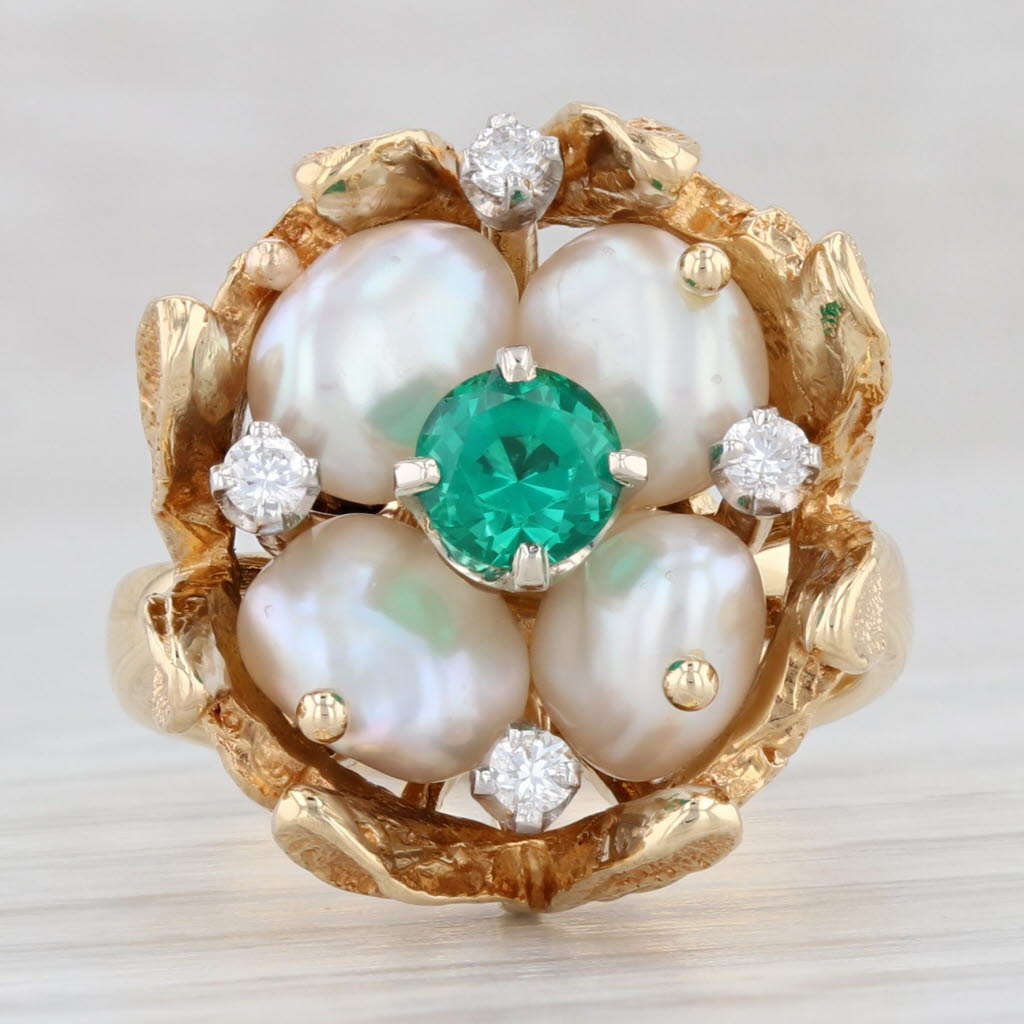 Light Gray Baroque Pearl Lab Created Emerald Diamond Cluster Flower Ring 18k Gold Size 5.5