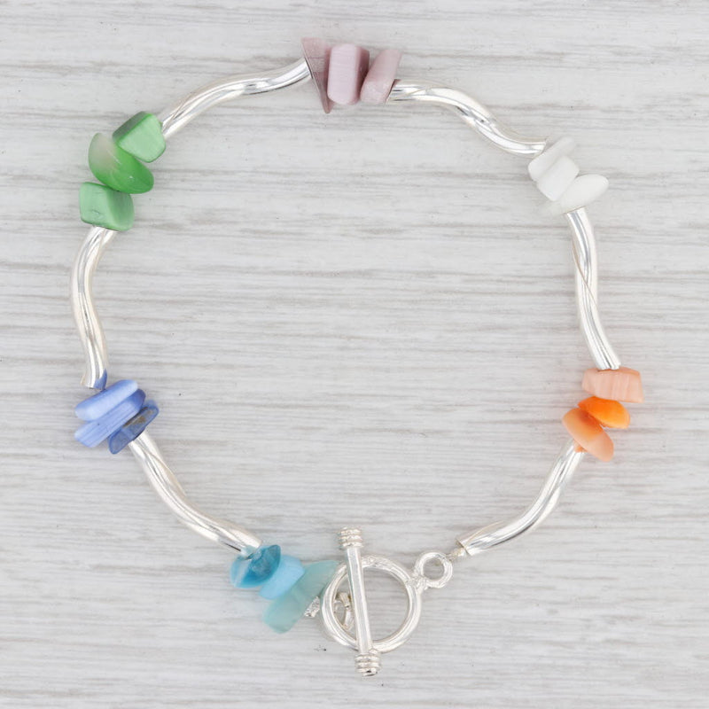 New Multi Color Glass Bead Bracelet Sterling Silver 7.25” Toggle Clasp Statement