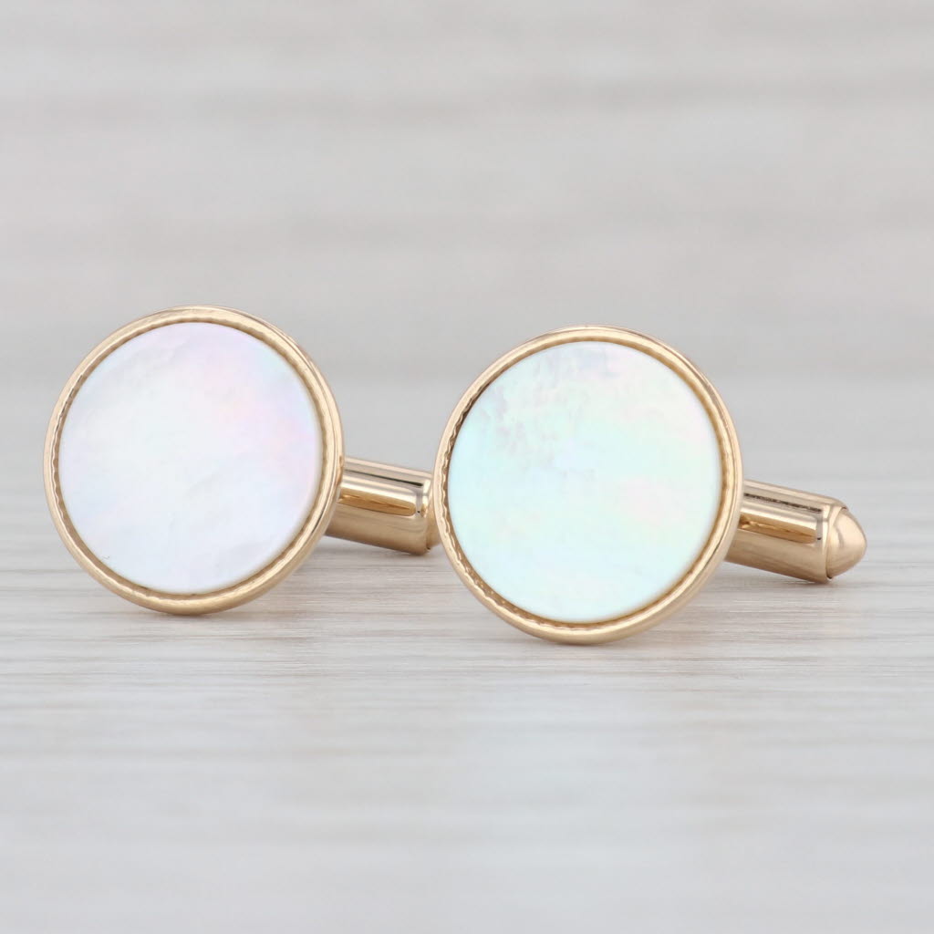 Light Gray Round Mother of Pearl Cufflinks 14k Yellow Gold Suit Accessories