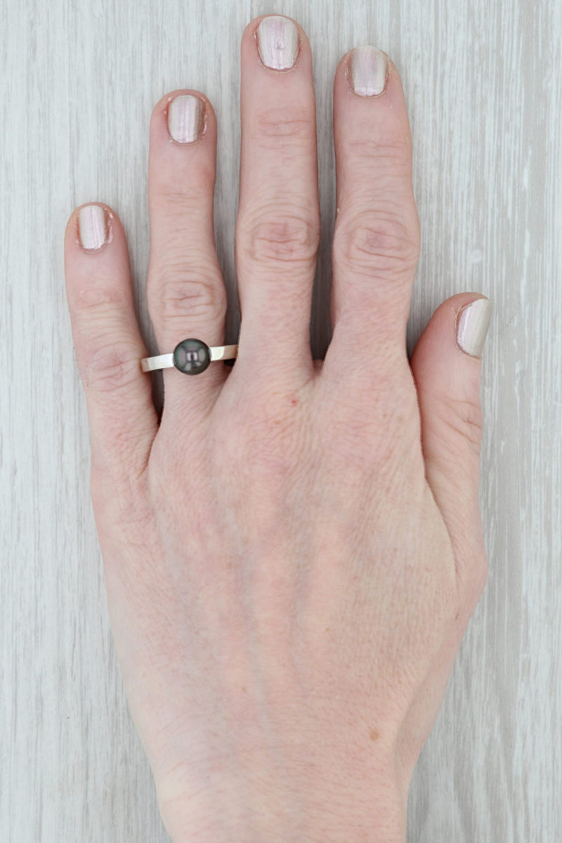 Gray Movado Cultured Black Pearl Diamond Ring 18k White Gold Size 5.75 Solitaire