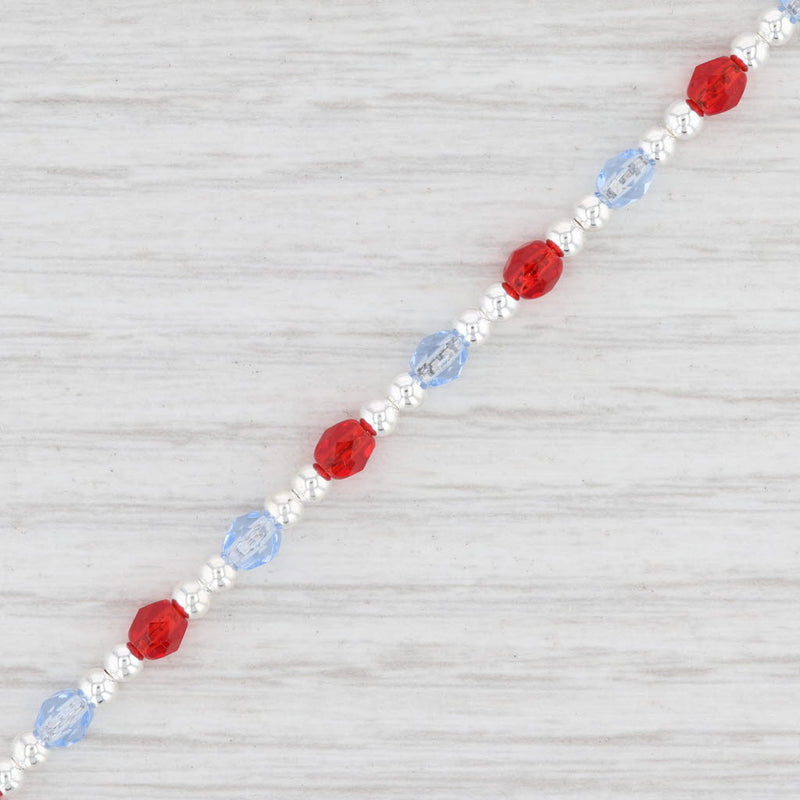 New Red Blue Glass Bead Strand Bracelet Sterling Silver 7” 3.8mm
