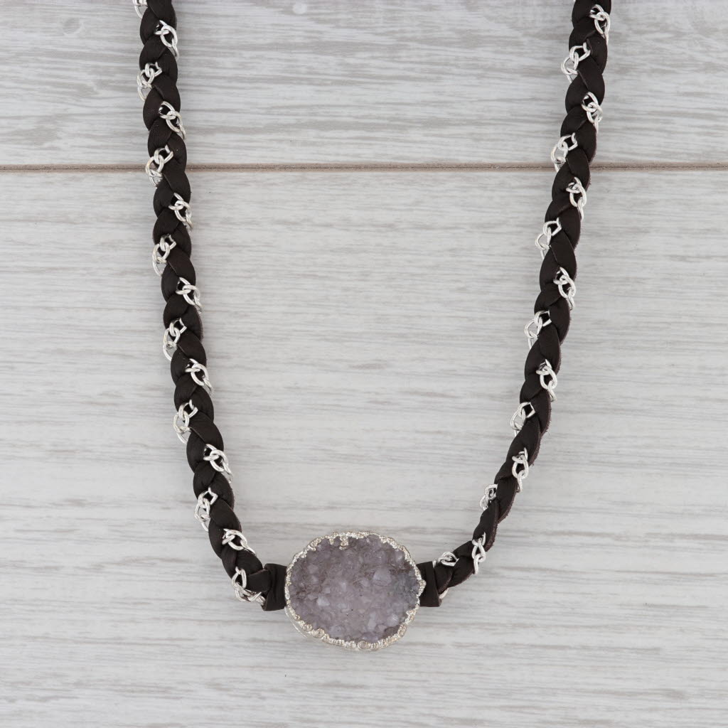 Gray New Nina Nguyen Druzy Quartz Cordelia Necklace Woven Dark Brown Leather Tags