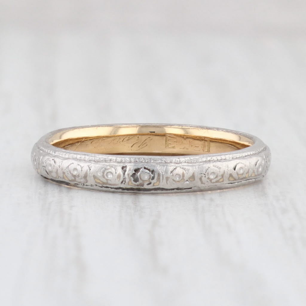 Light Gray Art Deco Floral Engraved Wedding Band Platinum over 18k Gold Sz 6.75 Ring Woods