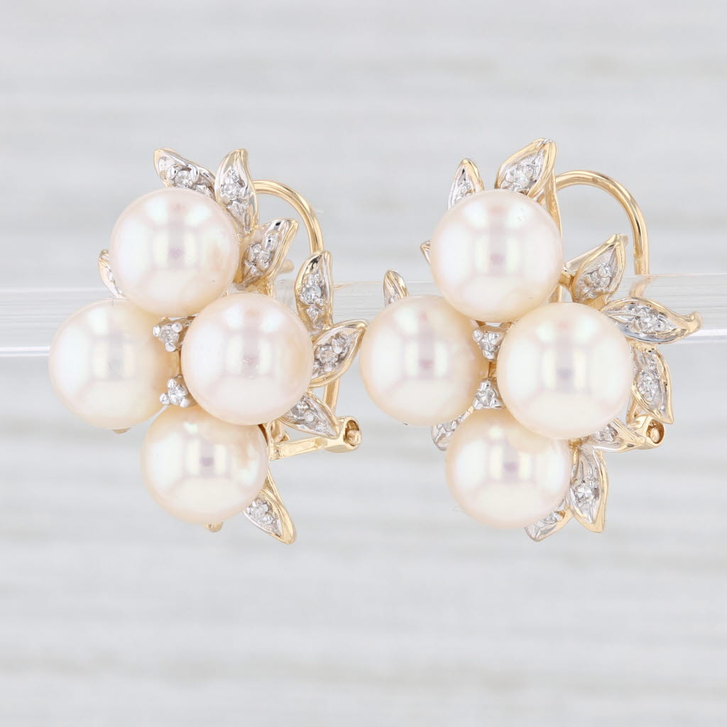 Light Gray Floral Cultured Pearl Cluster Diamond Earrings 14k Yellow Gold