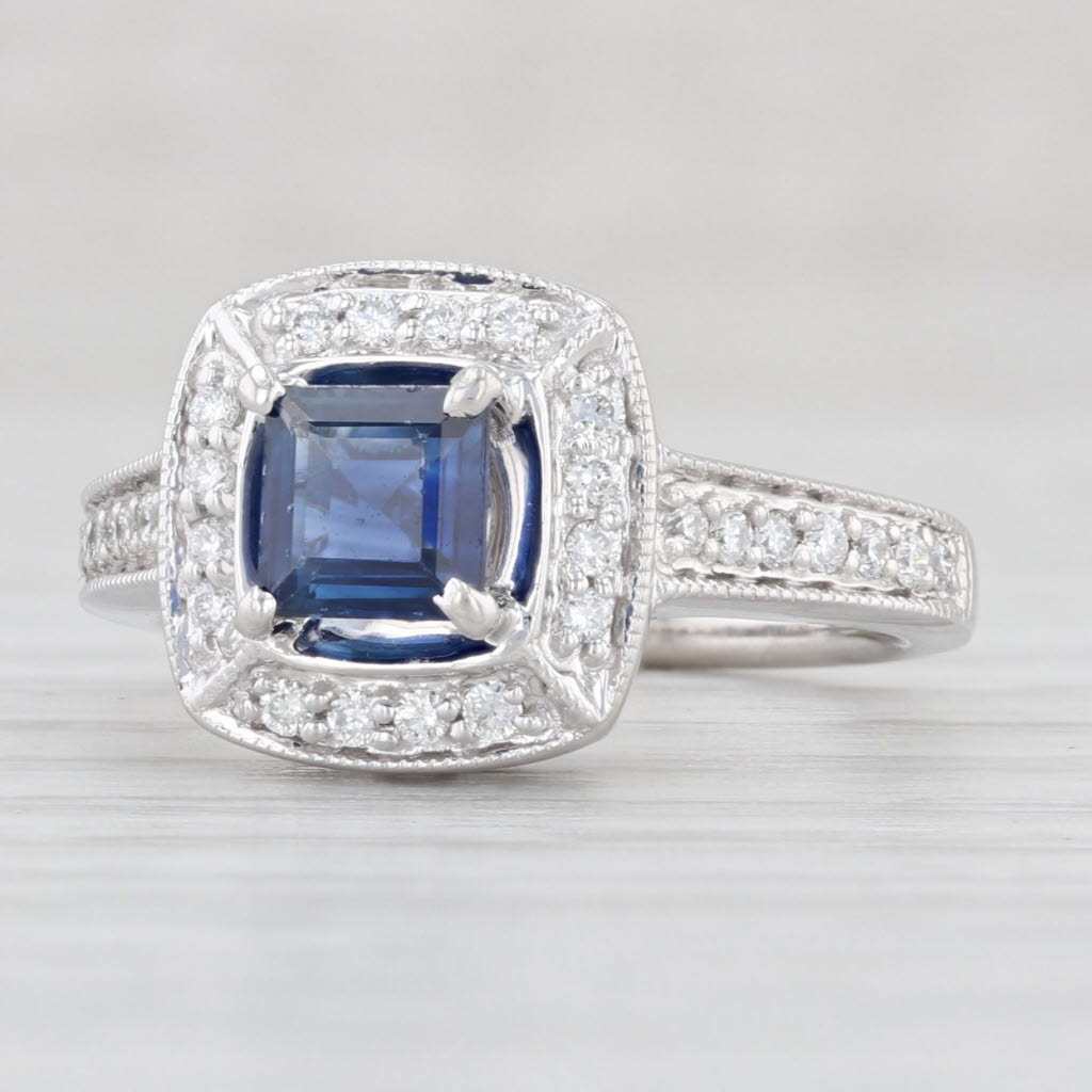 Light Gray 0.67ctw Blue Sapphire Diamond Halo Ring 14k White Gold Size 4.75 Engagement