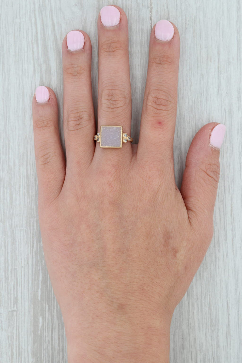 New Chloe Nina Nguyen White Druzy Quartz Diamond Ring Brushed 18k Gold Size 7