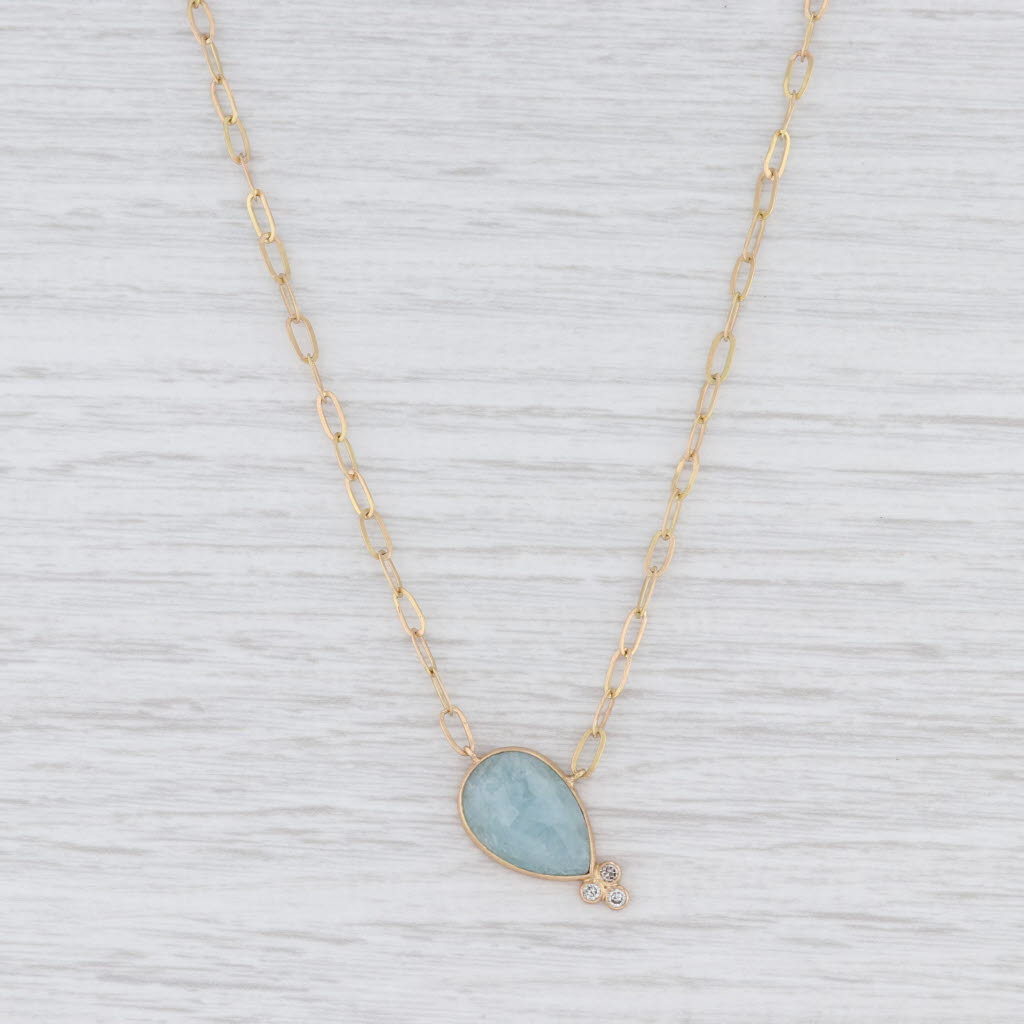 Light Gray New Nina Nguyen Lily Gold Pendant Necklace Druzy Aquamarine Diamond 18k Gold 17"