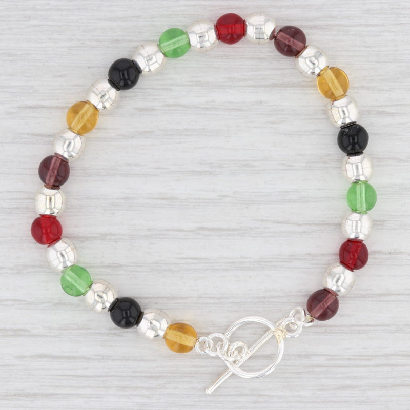 New Glass Multi Color Bead Bracelet 7.25" Sterling Silver Toggle Clasp Statement