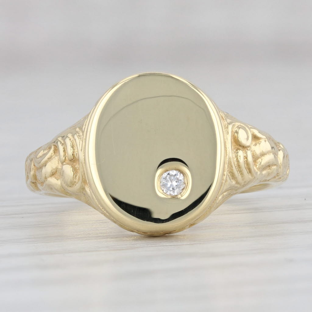 Gray Diamond Accented Engravable Signet Ring 18k Yellow Gold Size 6.75 Floral Vintage