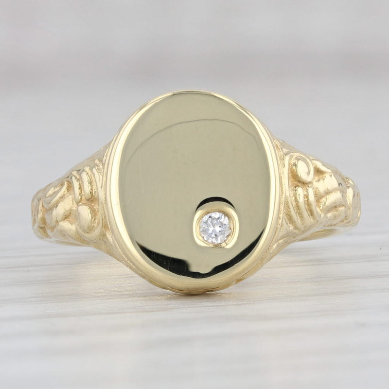Gray Diamond Accented Engravable Signet Ring 18k Yellow Gold Size 6.75 Floral Vintage