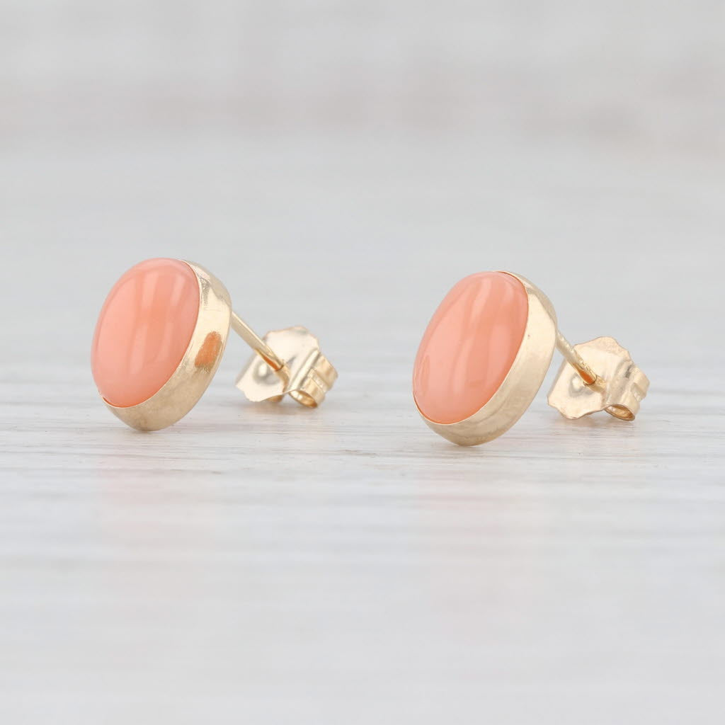 Light Gray Vintage Pink Opal Stud Earrings 14k Yellow Gold Oval Studs October Birthstone