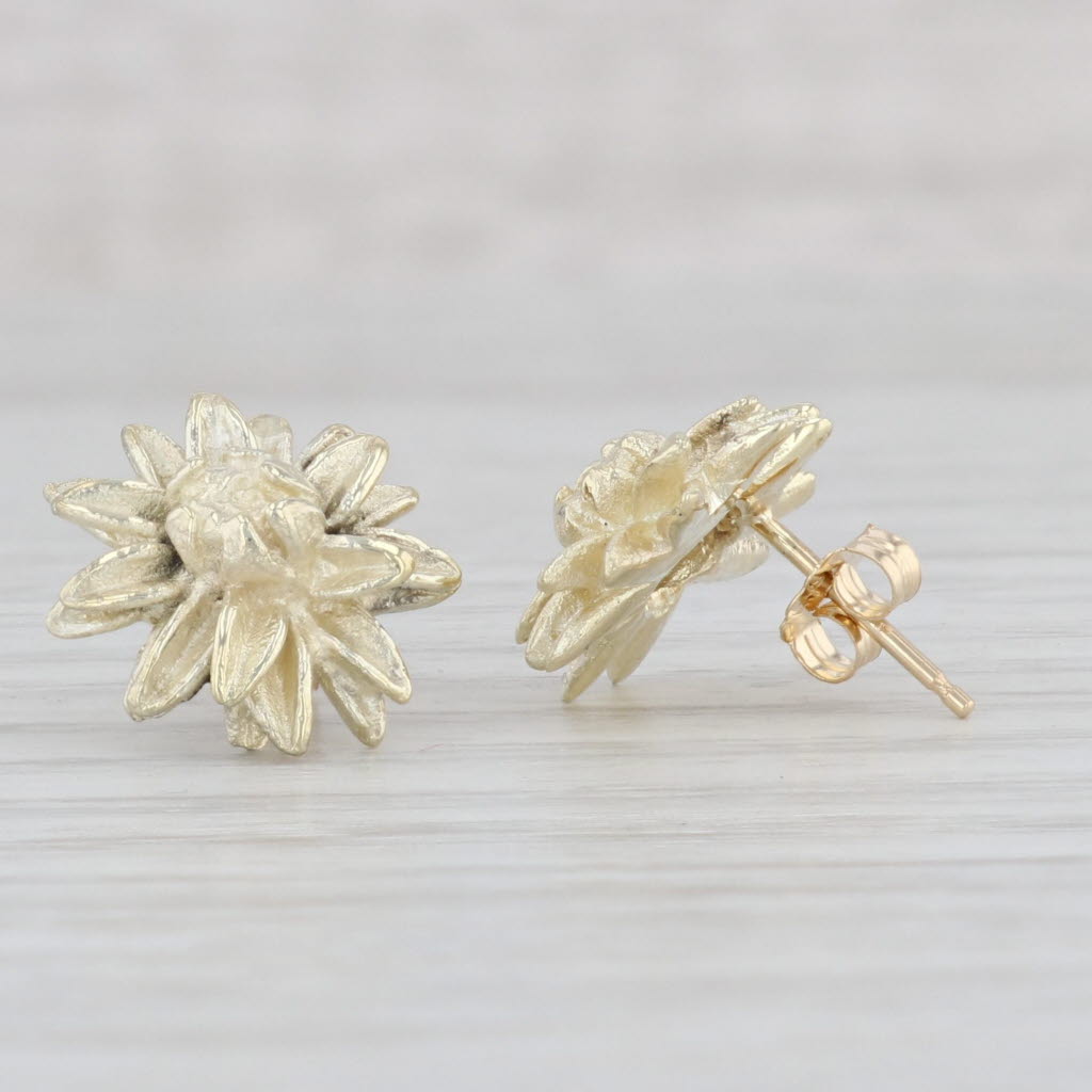 Light Gray Flower Stud Earrings 14k Yellow Gold Pierced Floral Studs