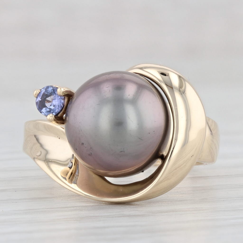 Light Gray Black Cultured Pearl Tanzanite Wrap Ring 14k Yellow Gold Size 6.75