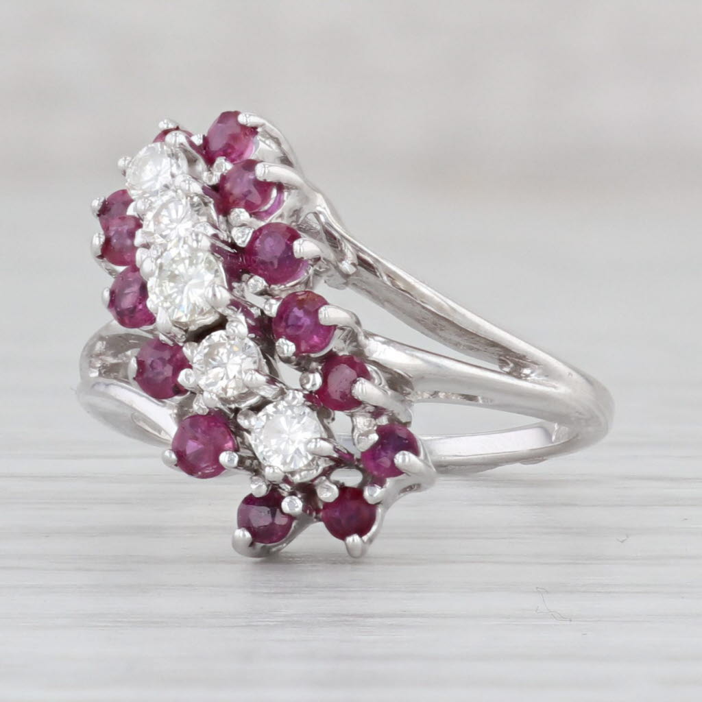 Light Gray 0.64ctw Ruby Diamond Cluster Bypass Ring 14k White Gold Size 6