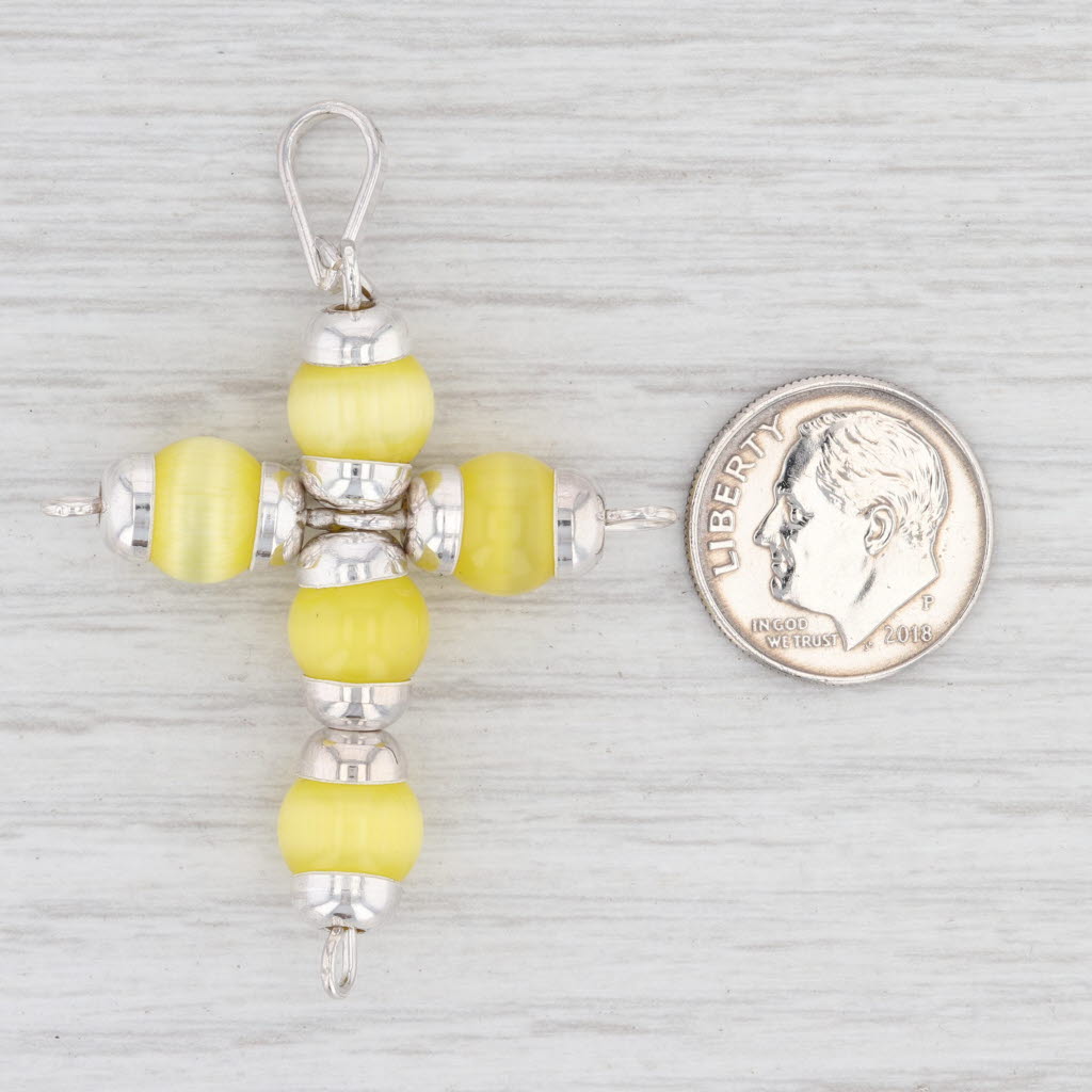 Light Gray New Yellow Glass Bead Cross Pendant Sterling Silver Statement B12826