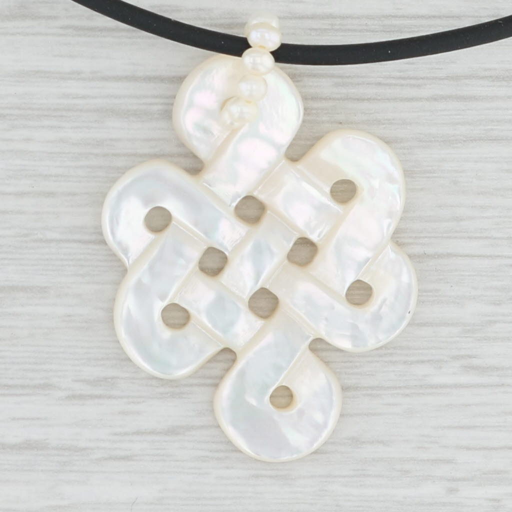 Light Gray Mother of Pearl Celtic Knot Cultured Pearl Pendant Necklace Black Cord 14k Gold