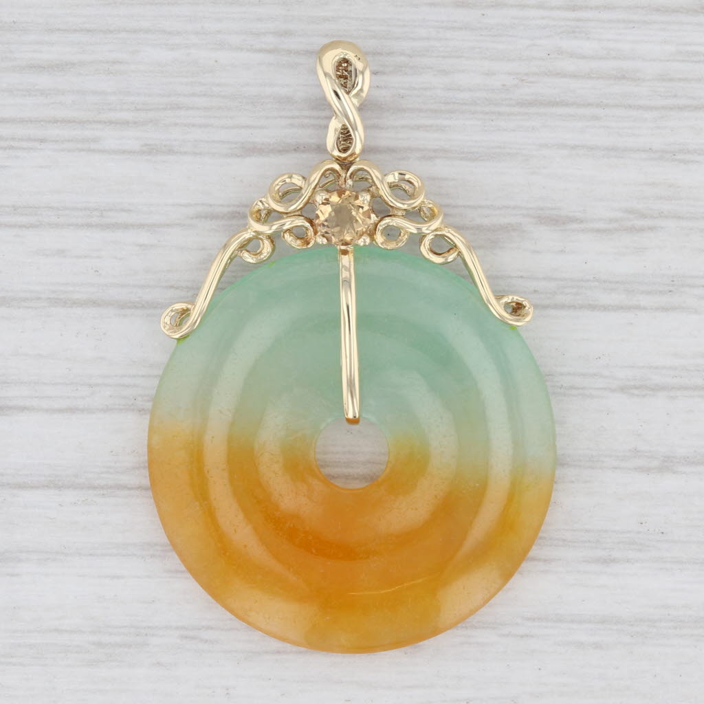 Light Gray Jadeite Jade Citrine Torus Pendant 14k Yellow Gold Asian Jewelry