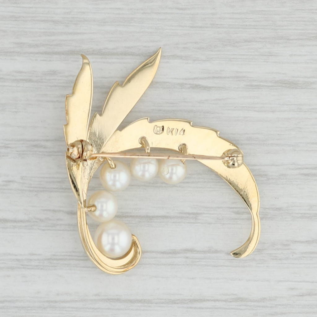 Light Gray Mikimoto Cultured Pearl Floral Brooch 14k Yellow Gold Statement Pin