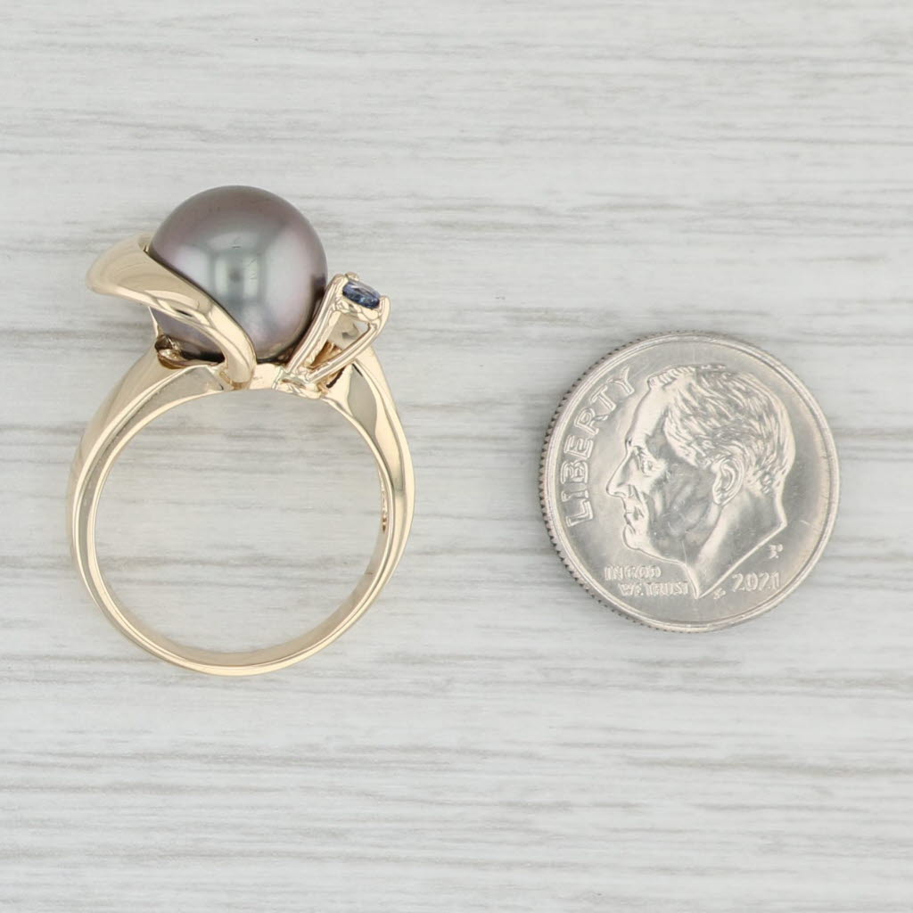 Light Gray Black Cultured Pearl Tanzanite Wrap Ring 14k Yellow Gold Size 6.75