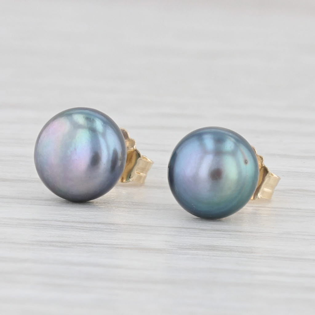 Light Gray Cultured Black Pearl Stud Earrings 14k Yellow Gold Pierced Studs