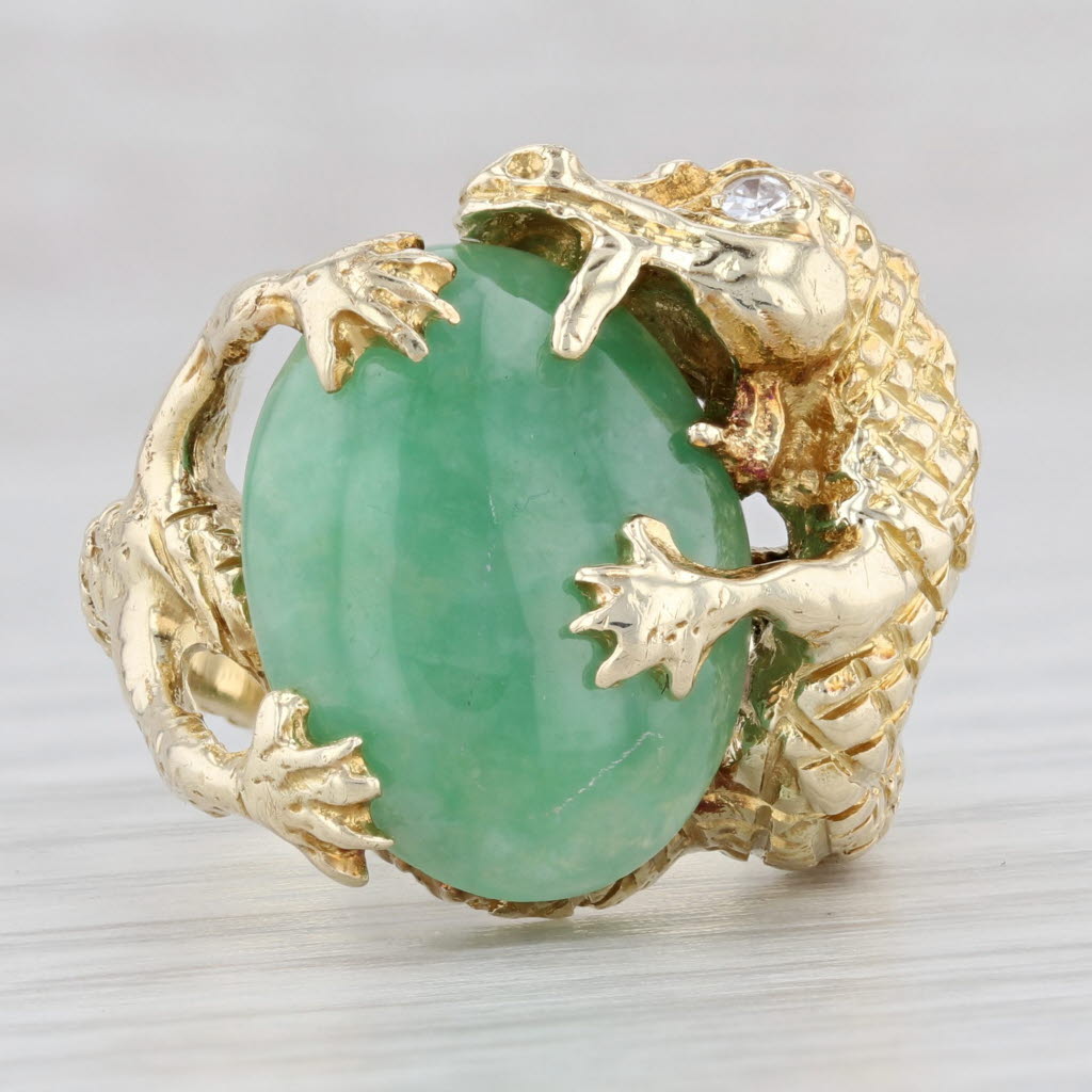 Light Gray Green Jadeite Jade Diamond Dragon Ring 14k Yellow Gold Size 6.5