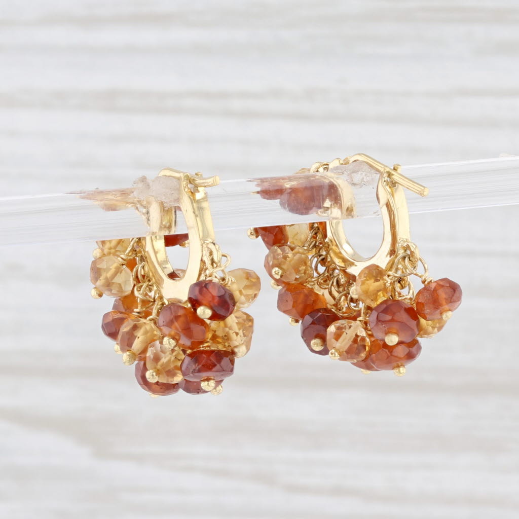 Light Gray Talisman Hessonite Garnet Citrine Bead Hoop Earrings 18k Yellow Gold Snap Top