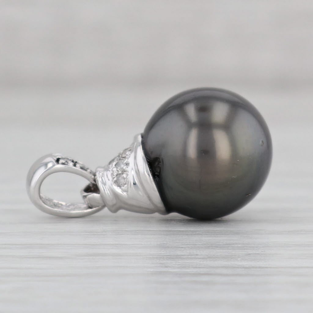 Gray Cultured Black Pearl Diamond Drop Pendant 14k White Gold