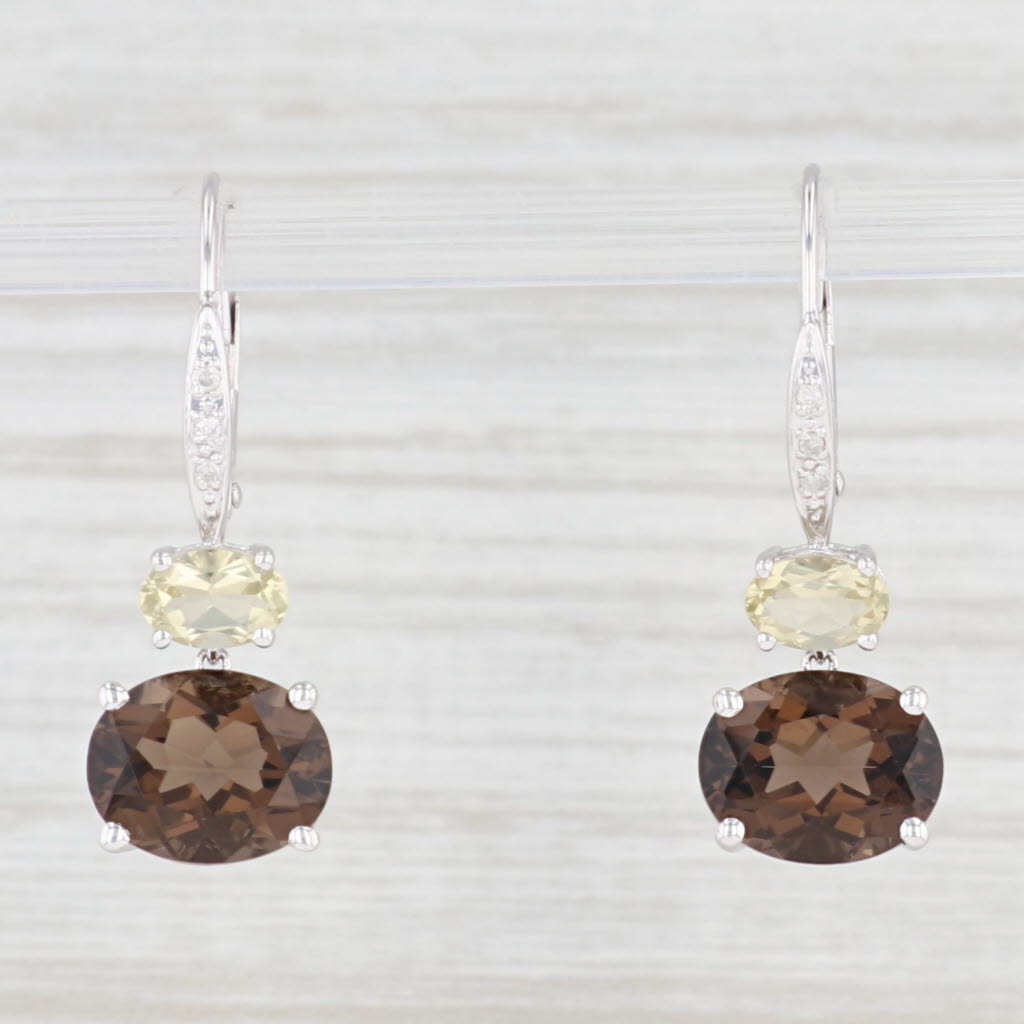 Light Gray 5.72ctw Smoky Quartz Citrine Diamond Drop Earrings 14k White Gold Lever Back