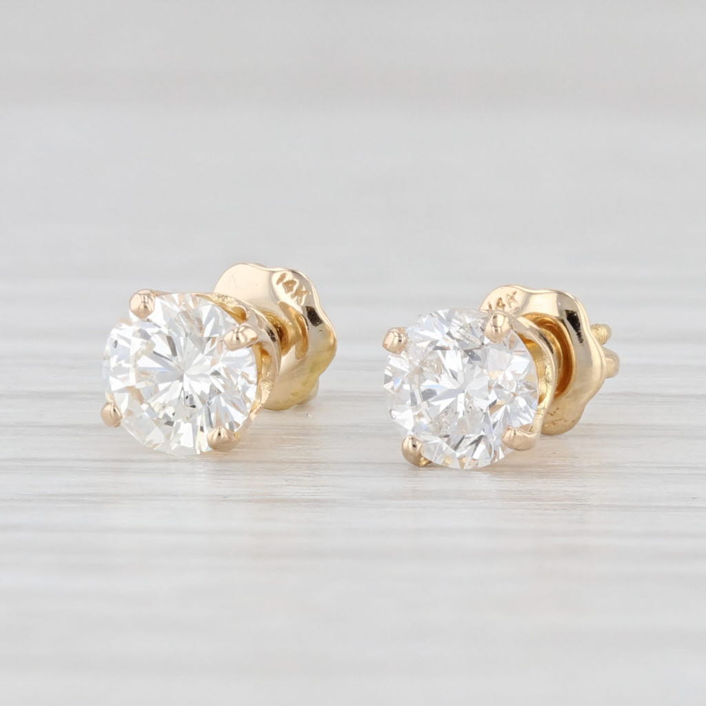 Light Gray 1.02ctw Round Diamond Solitaire Stud Earrings 14k Yellow Gold April Birthstone