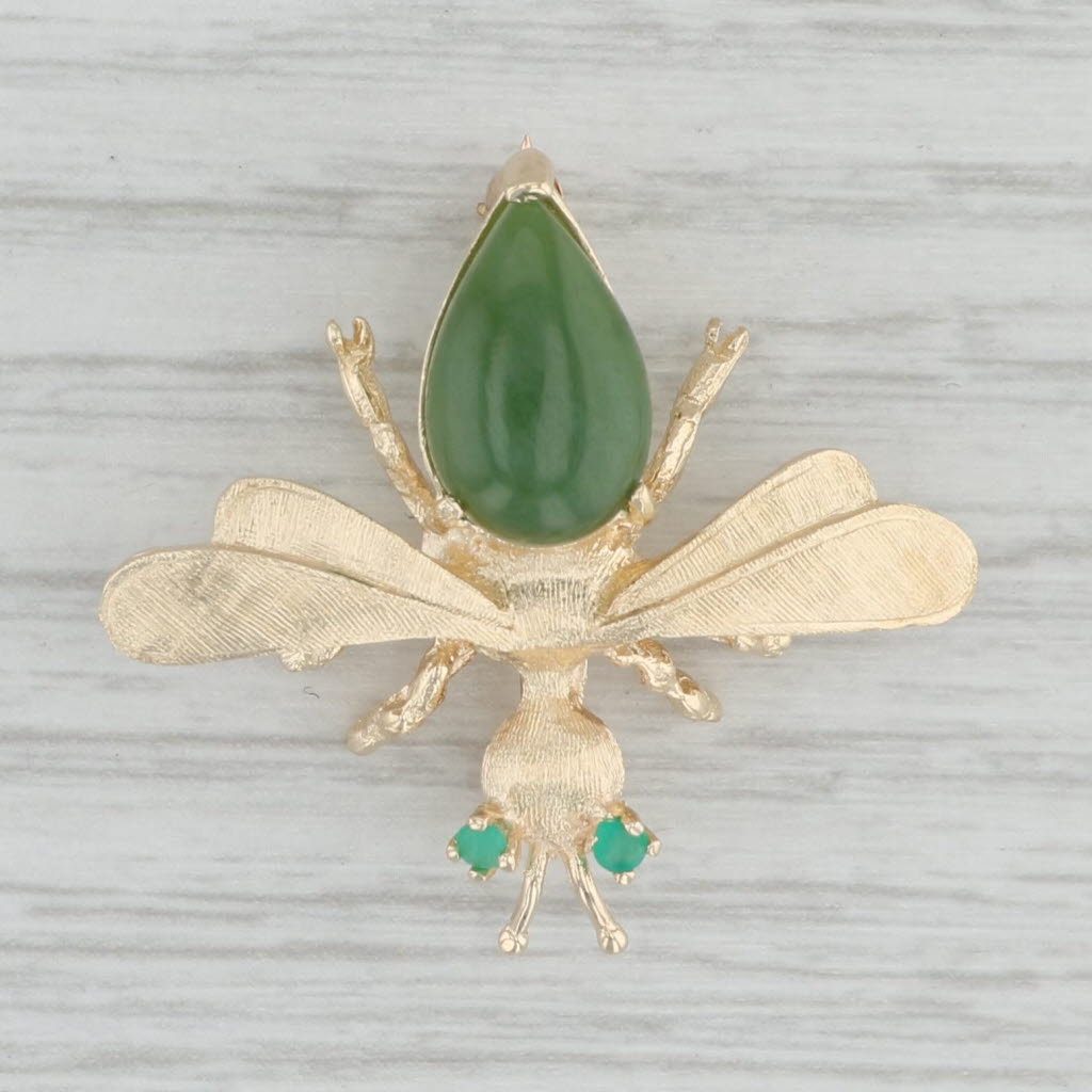 Flying Insect Brooch 14k Gold Green Serpentine Chalcedony Vintage Pin