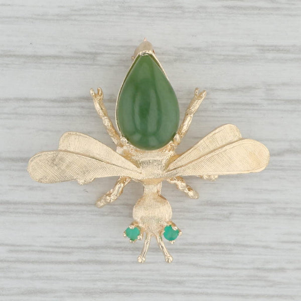 Gray Flying Insect Brooch 14k Gold Green Serpentine Chalcedony Vintage Pin