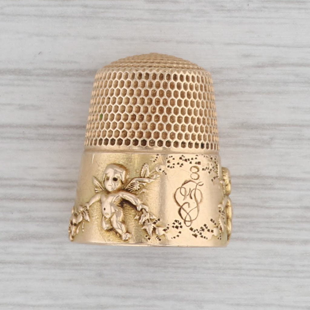 Gray Vintage Simons Bros Cherub Thimble 14k Yellow Gold Letter T Heart Size 8